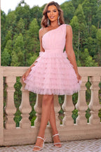 Pink Asymmetric Strapless Tiered Tulle Ball Gown Mini Dress
