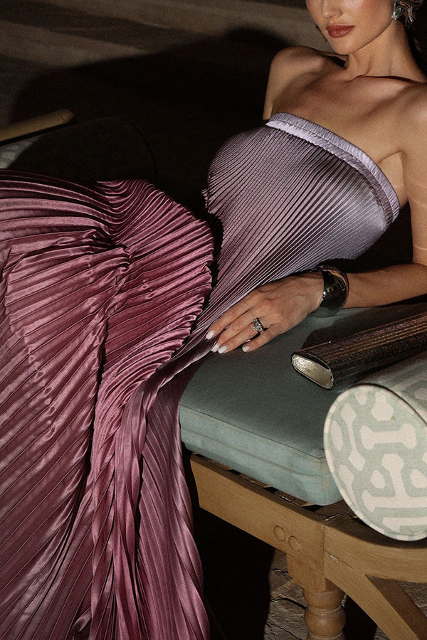 Satin Pleated Strapless Column Maxi Dress