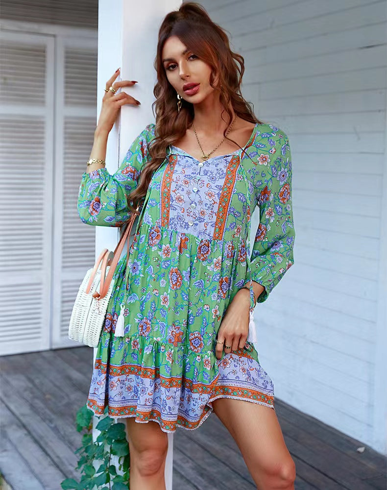 Deep V-Neck Floral Border Print Bishop Sleeve Button Front Babydoll Mini Dress