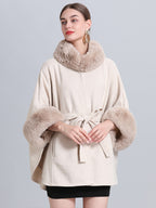 Women Poncho High Collar Light Gray Oversized Faux Fur Cape
