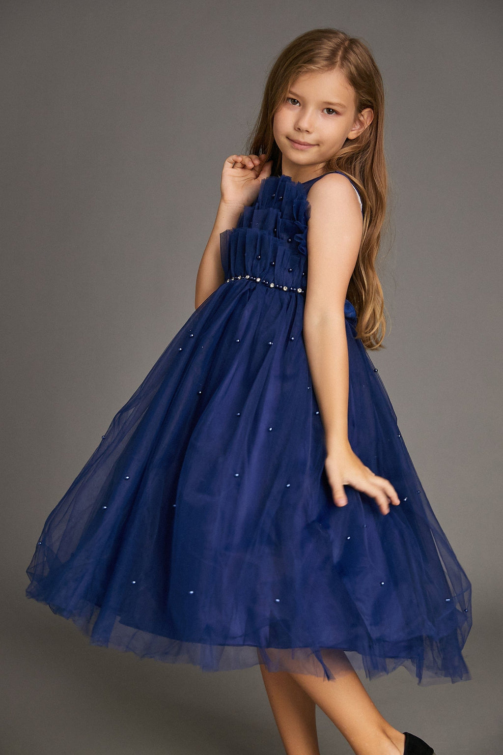 Girls Strapless Ruffled Pearl Embellished Tulle Maxi Mini Dress