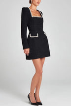 Lexi Timeless Girly and Mini Dress in Tweed Fabric with Beaded Trim, Long Slit Sleeves and Pockets Boutique Collection