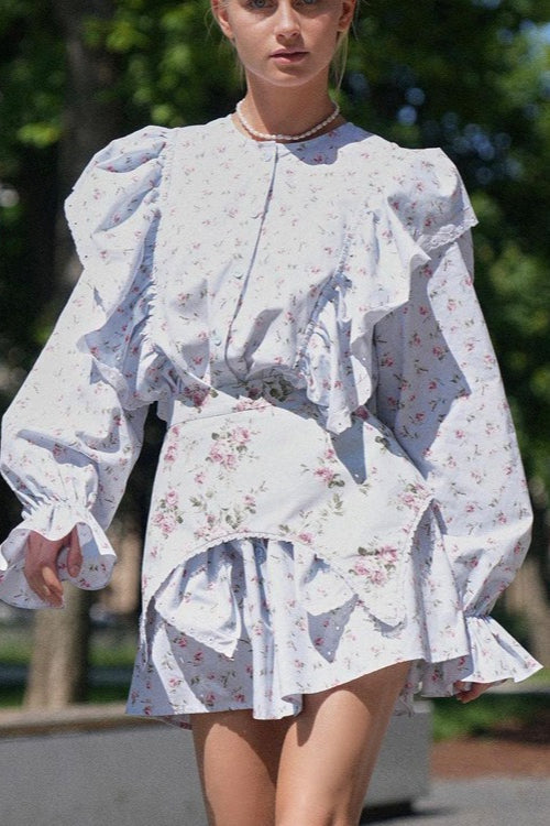 White Long Sleeve Ruffle Trim Detachable Belt Mini Floral Print Dress