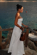 Strapless Sweetheart Neck Twist Cutout Ruched Drop Waist Maxi Dress