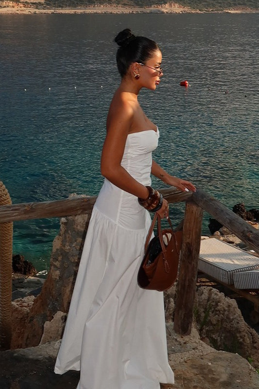 Strapless Sweetheart Neck Twist Cutout Ruched Drop Waist Maxi Dress