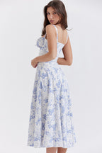 Wide Strap Sweetheart Ruched Bust Toile Floral Print A-Line Midi Dress