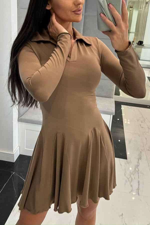 Polo Collar Deep V-Neck Paneled Skater Lettuce Hem Mini Dress