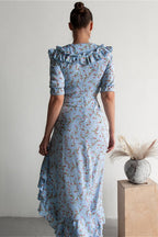 Floral Light Blue Ruffled Split Midi Skirt Two Piece Set