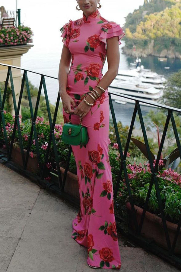 Elegant party cheongsam style rose print layered flared sleeve elastic long skirt