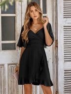 Rosa Elevated High Quality V Neck Solid Color Waistband Ruffle Dress Statement Occasion Edit