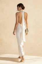 Satin Halter Neck Backless Draped Sash Button Detail Maxi Gown