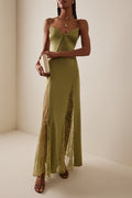 Satin Deep V-Neck Lace Insert High Split Slip Maxi Dress