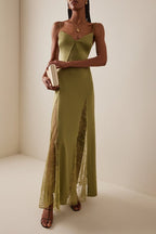 Satin Deep V-Neck Lace Insert High Split Slip Maxi Dress