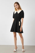 Contrast Scalloped Collar Puff Sleeve Patch Pocket Fit and Flare Mini Dress