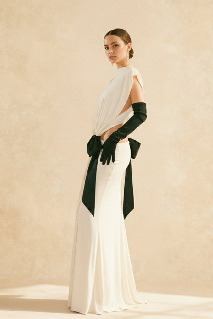 Mock Neck Sleeveless Side Cut Out Oversized Bow Tail Maxi Gown