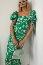 Off Shoulder Puff Sleeve Slim Floral Dress