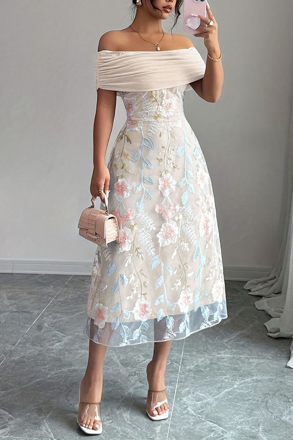 Elegant Ruched Off-Shoulder Floral Appliqué Midi Dress
