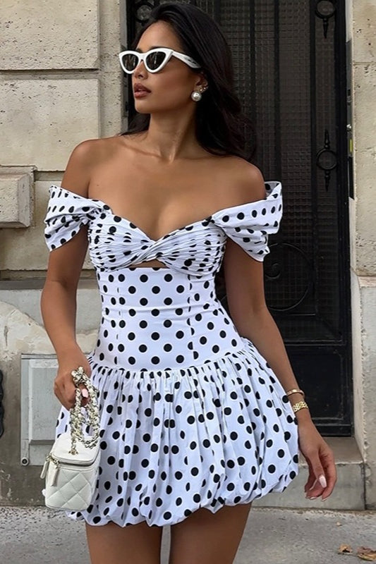 Polka Dot Off Shoulder Twist Front Cut Out Bubble Skirt Mini Dress