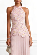 Emilie 3D Floral Embroidery Pleated Chiffon Hem Halter Neck Sleeveless Maxi Dress
