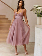 Corset Midi Dress Spaghetti Straps Shirred Lace-up Tulle Skirt Dresses