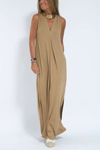Deep V-Neck Center Pleat Sleeveless Flowy Maxi Dress