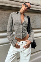Belted Checkered Long Sleeve Blouse