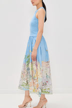 Ink Wash Print Round Neck Sleeveless Resort-style Midi Dress