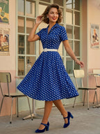 Retro Glamour Dress 1950s Style Turndown Collar Buttons Short Sleeves Polka Dot Swing Dress