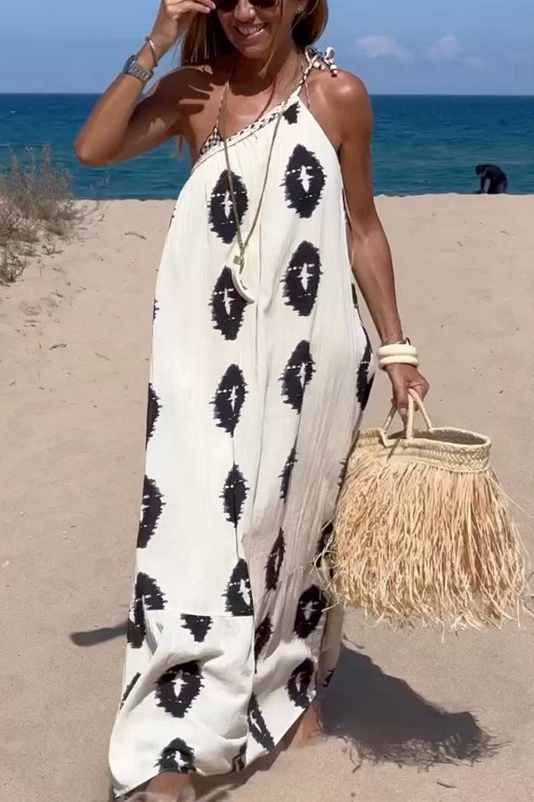 Ikat Print One Shoulder Loose Kaftan Maxi Dress