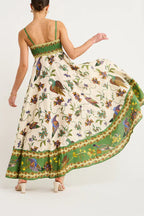 Bird Print Border Hem Spaghetti Strap Fit and Flare Pocket Maxi Dress