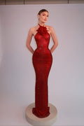 3D Flower Halter Fitted Waist Rhinestone Party Dress