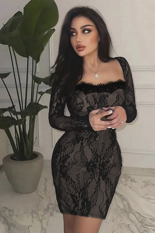 Floral Lace Square Neck Long Sleeve Scalloped Trim Bodycon Mini Dress
