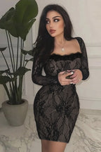 Floral Lace Square Neck Long Sleeve Scalloped Trim Bodycon Mini Dress