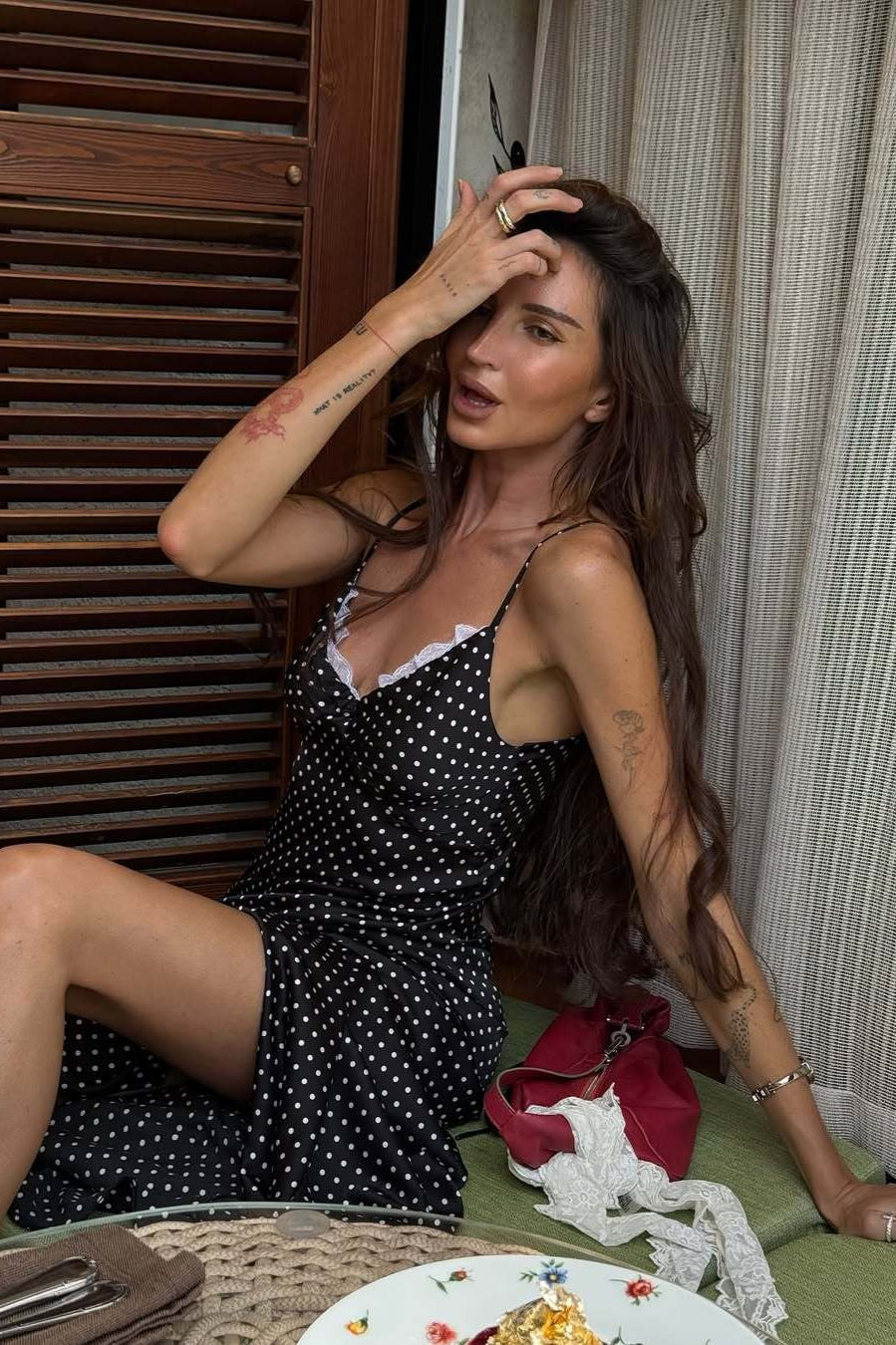 Polka Dot Lace Trim Spaghetti Strap Slip Maxi Dress
