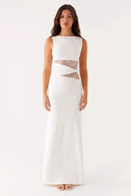 Lace Panel Boat Neck Cut Out Waist Sleeveless Bodycon Maxi Dress