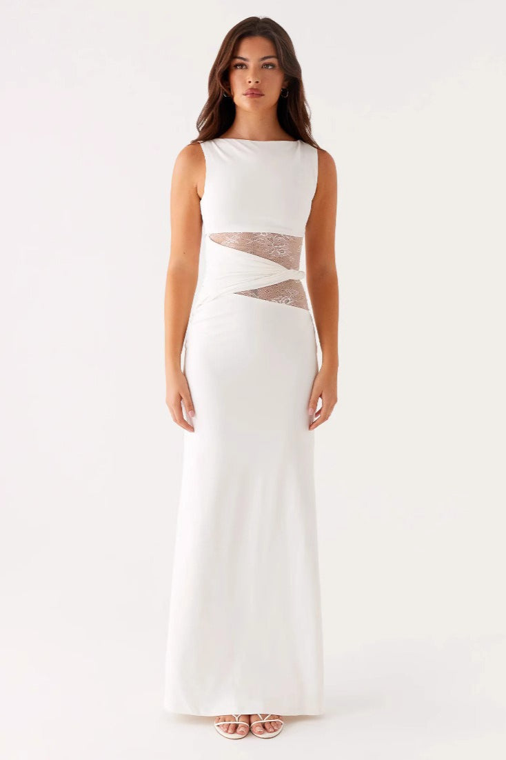 Lace Panel Boat Neck Cut Out Waist Sleeveless Bodycon Maxi Dress