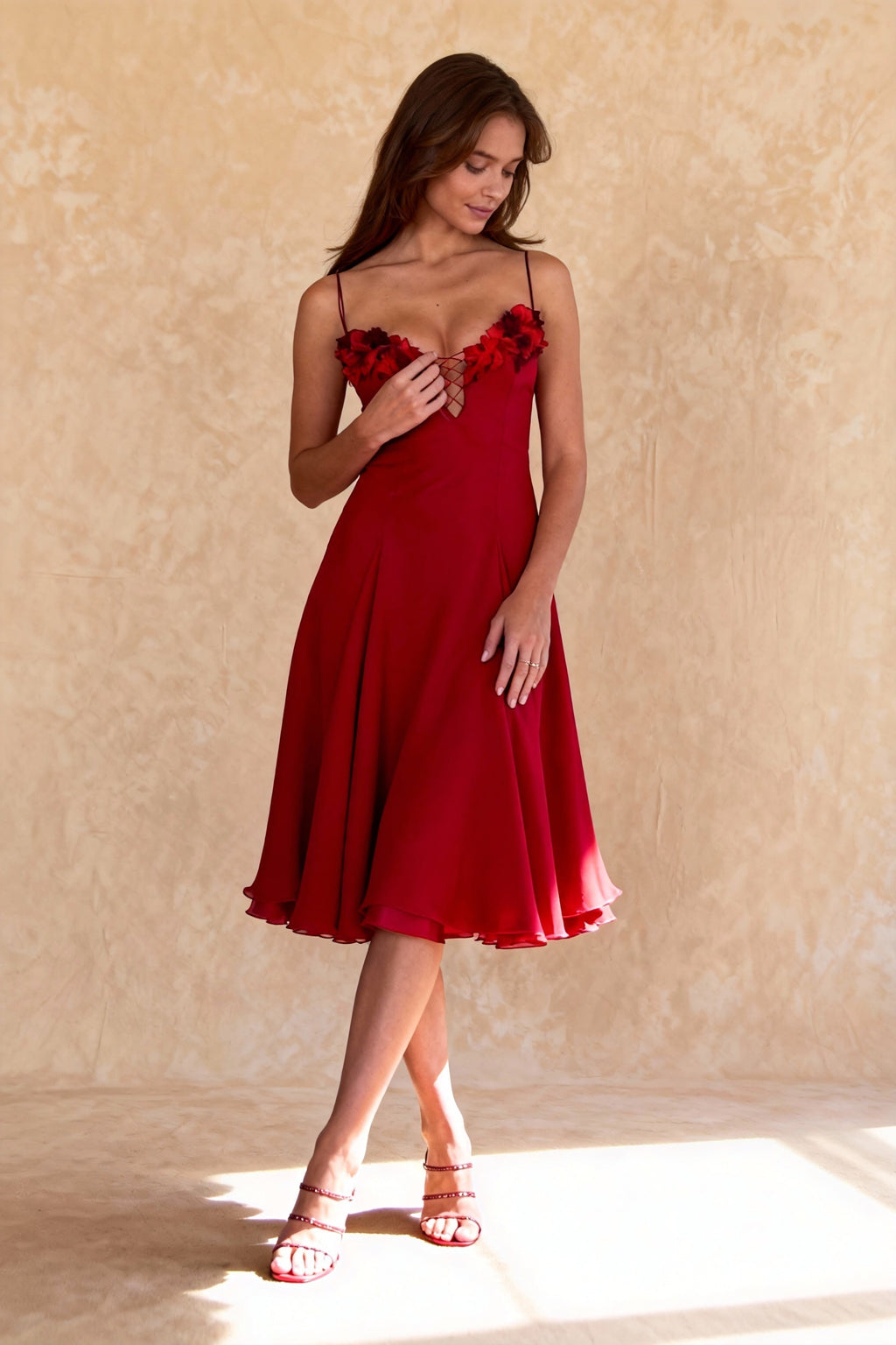 Chiffon Deep V-Neck Lace Up Corset 3D Floral A-Line Midi Dress