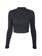 Solid Color Ribbed Zip Up Crop Long Sleeve Knit