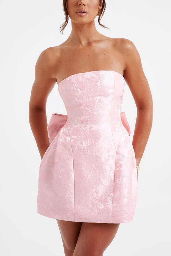 Strapless Jacquard Floral Bow Back Fit and Flare Mini Dress