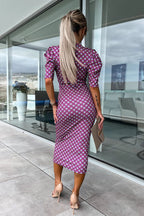 Printed Puff Sleeve Wrap V-Neck Bodycon Midi Dress