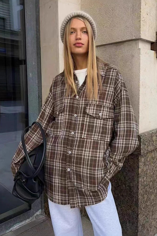 Vintage American Plaid Double-Pocket Mid-Length Blouse