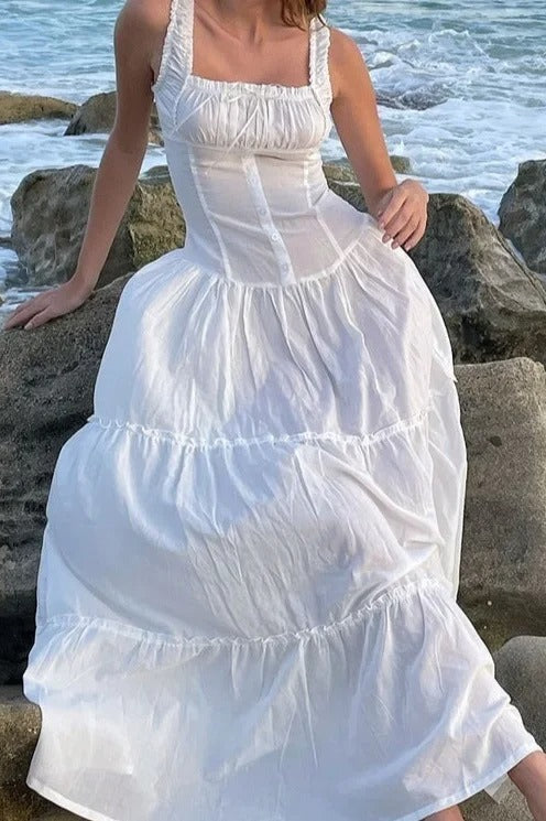 Cotton Square Neck Ruffle Trim Corset Button Front Tiered Ruffle Maxi Dress