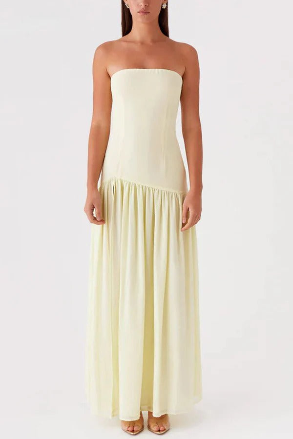 Lizzy Exclusive Strapless Semi Sheer Patchwork Chiffon Maxi Dress Statement Occasion Edit