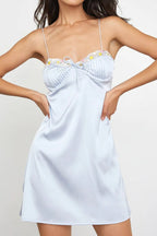 Satin Sweetheart Lace Trim Tie Bustier Spaghetti Strap Mini Dress