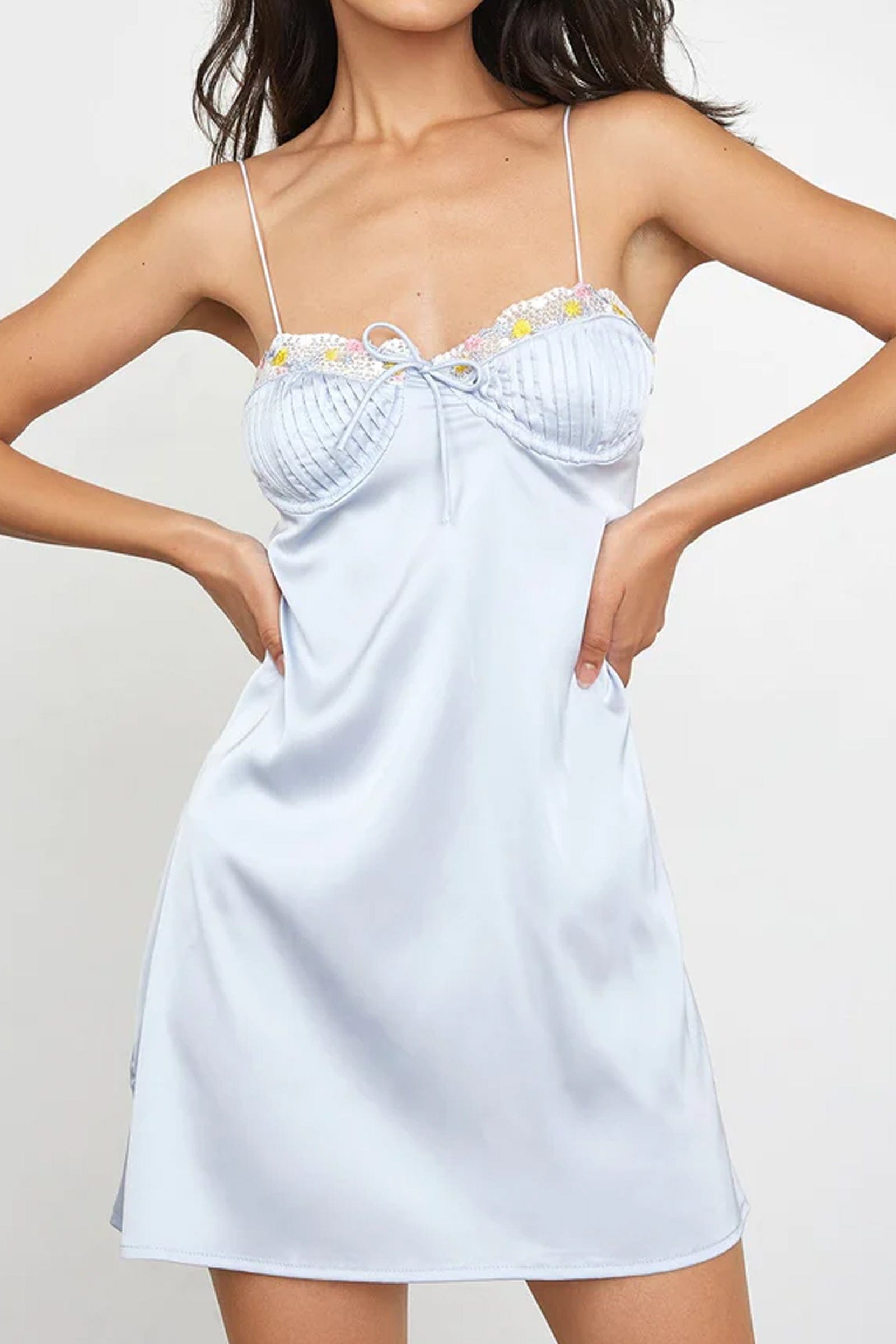 Satin Sweetheart Lace Trim Tie Bustier Spaghetti Strap Mini Dress