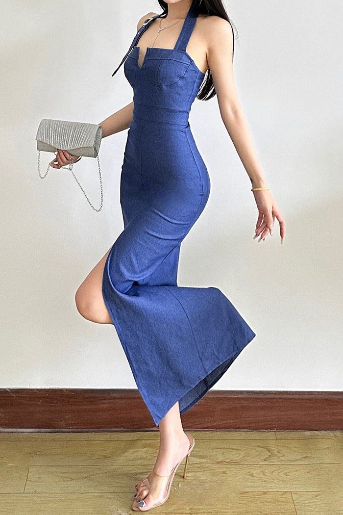 Denim Halter Neck Bustier Buckle Strap High Split Maxi Dress