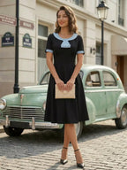 Contrast Peter Pan Collar A-line Summer Swing Midi Dress For Women 2026