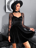Velvet Sweetheart Twist Front Lace Sleeve Flared Mini Dress