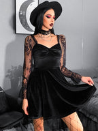 Velvet Sweetheart Twist Front Lace Sleeve Flared Mini Dress
