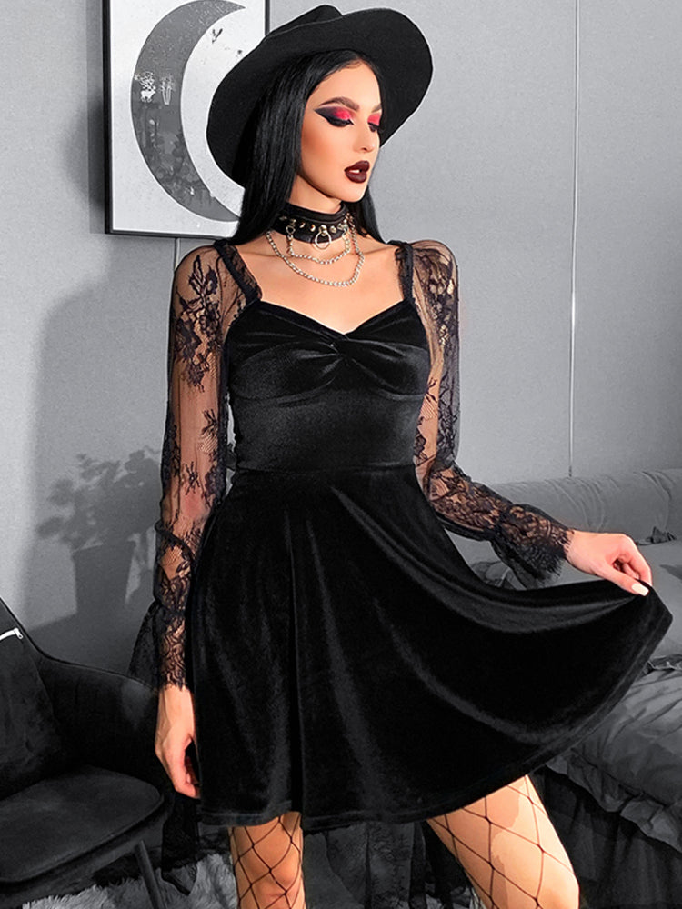 Velvet Sweetheart Twist Front Lace Sleeve Flared Mini Dress